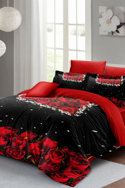 Çift Kişilik Nevresim Seti Sık Dokuma Pamuk Saten 3D Özel Tasarım Black Rose (Çarşafsızdır)