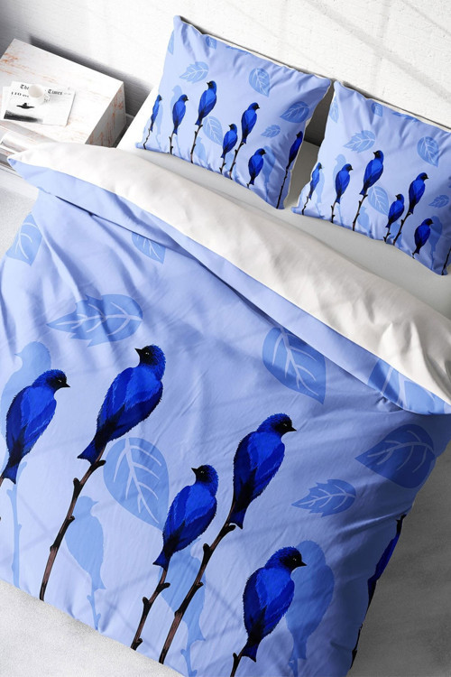 Çift Kişilik Nevresim Seti Sık Dokuma Pamuk Saten 3D Özel Tasarım Blue Birds Naturel (Çarşafsızdır)