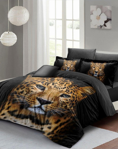 Çift Kişilik Nevresim Seti Sık Dokuma Pamuk Saten 3D Özel Tasarım Leopard (Çarşafsızdır)