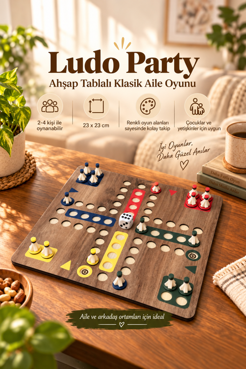 Ludo Party Kızma Birader Oyunu 2-4 Kişilik Ahşap Tabla 23x23 cm