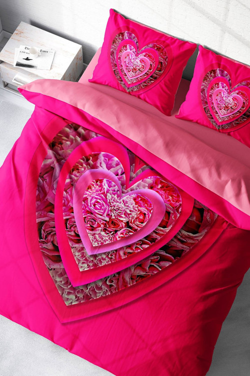 Çift Kişilik Nevresim Seti Sık Dokuma Pamuk Saten 3D Özel Tasarım Pink Valentine (Çarşafsızdır)