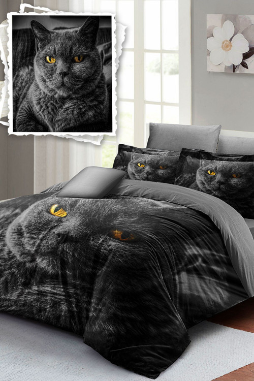 Çift Kişilik Nevresim Seti Sık Dokuma Pamuk Saten 3D Özel Tasarım Serious Cat Naturel (Çarşafsızdır)