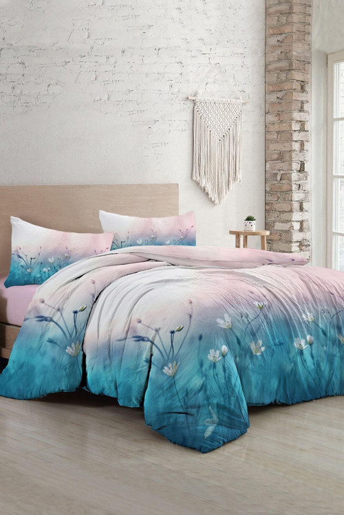 Çift Kişilik Nevresim Seti Sık Dokuma Pamuk Saten 3D Özel Tasarım Soft Blue Luxury Çarşafsızdır