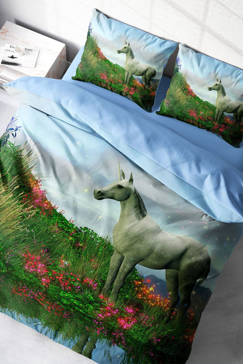 Çift Kişilik Nevresim Seti Sık Dokuma Pamuk Saten 3D Özel Tasarım Unicorn (Çarşafsızdır)
