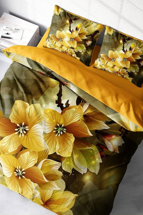 Çift Kişilik Nevresim Seti Sık Dokuma Pamuk Saten 3D Özel Tasarım Yellow Flowers (Çarşafsızdır)
