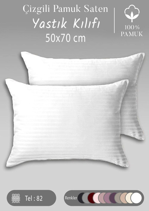 100% Pamuk Çizgili Pamuk Saten 2 Adet 50X70 Cm Yastık Kılıfı Beyaz
