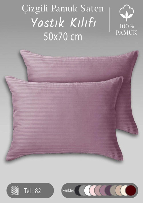 100% Pamuk Çizgili Pamuk Saten 2 Adet 50X70 Cm Yastık Kılıfı Gül Kurusu