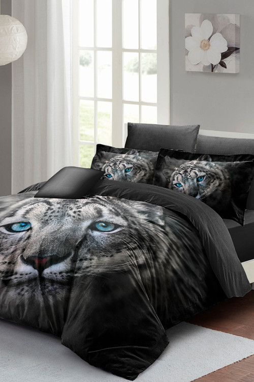 Leopar Çift Kişilik Nevresim Takımı Özel Dokuma Pamuk Saten Blue Leopard