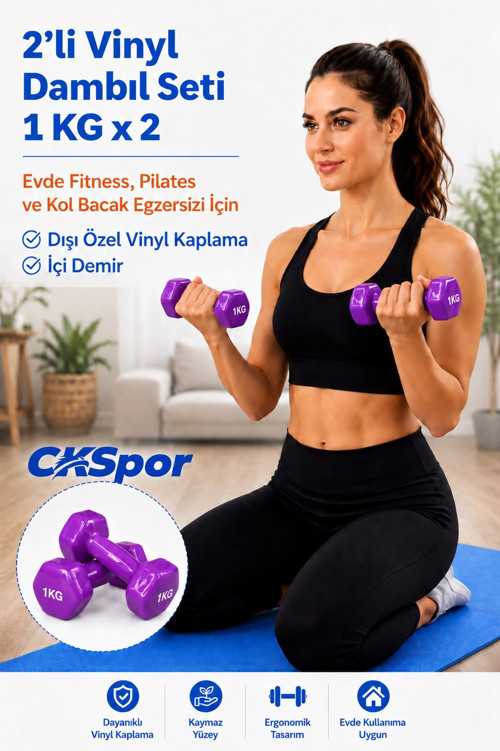 2’li Vinyl Dambıl Seti 1 Kg x 2 – Evde Fitness & Pilates İçin Vinil Kaplı Demir Dambıl