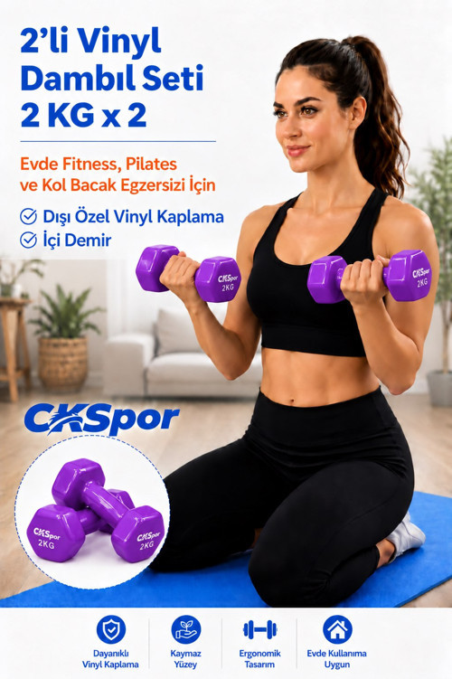 2’li Vinyl Dambıl Seti 2 Kg x 2 – Evde Fitness & Pilates İçin Vinil Kaplı Demir Dambıl