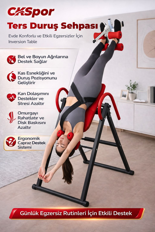 Ters Duruş Sehpası İnversion Table 150 Kg Evde Spor Bel Sırt Esnetme Aleti Kırmızı
