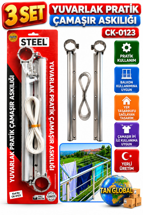 3 Set Yuvarlak Küpeşteli Concept Balkon Çamaşır Kurutma Askılığı ve Çamaşır Teli Seti
