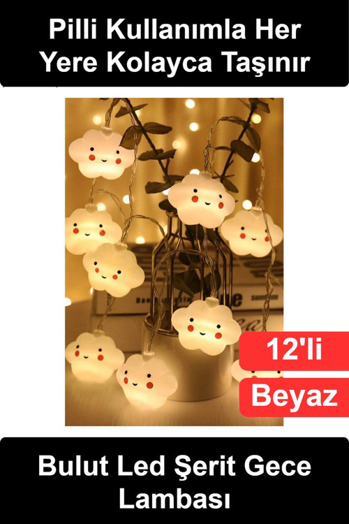 #BulutLamba Bulut Şeklinde Sevimli Gülen Yüzlü 12'li Led Şerit Işık Pilli Gece Lambası Çocuk Bebek O