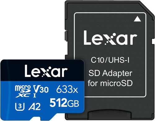 512GB High-Performance 633x microSDXC UHS-I, up to 100MB/s read 70MB/s write C10 A2 V30 U3