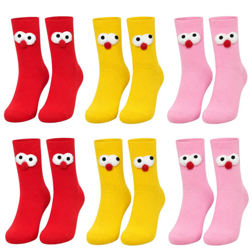 Wak Kutulu 3D Gözlü Ponponlu Soket Çorap 6'lı Set | Kırmızı Sarı Pembe Renkli Eğlenceli Hediyelik Çorap!