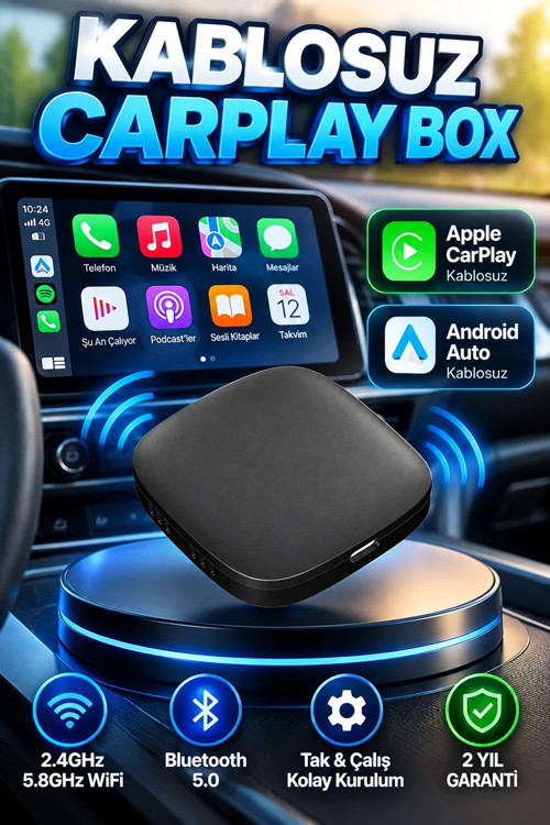Kablosuz CarPlay ve Android Auto Dönüştürücü Adaptör – Bluetooth 5.0, 2.4GHz/5.8GHz WiFi