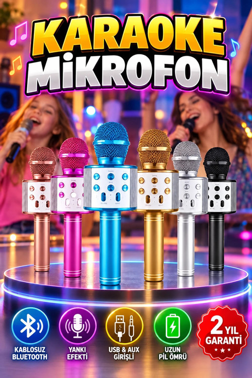 Bluetooth Karaoke Mikrofonu – Kablosuz, Yankı Efektli, USB ve AUX Girişli