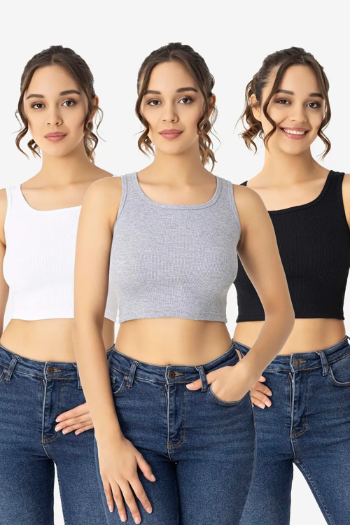 Premium Kadın Pamuklu Kaşkorse Bisiklet Yaka Crop 3'lü Set Hediye Esnek Bahar