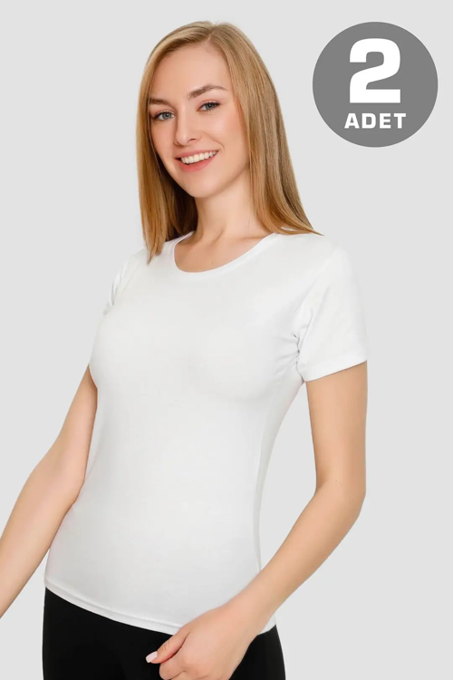 Delux Serisi Kadın Beyaz Basic Tişört 2'li Paket Günlük Model Kombinler