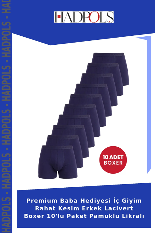 Premium Baba Hediyesi İç Giyim Rahat Kesim Erkek Lacivert Boxer 10'lu Paket Pamuklu Likralı