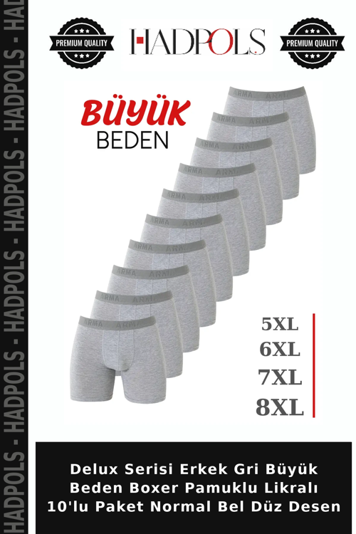 Delux Serisi Erkek Gri Büyük Beden Boxer Pamuklu Likralı 10'lu Paket Normal Bel Düz Desen