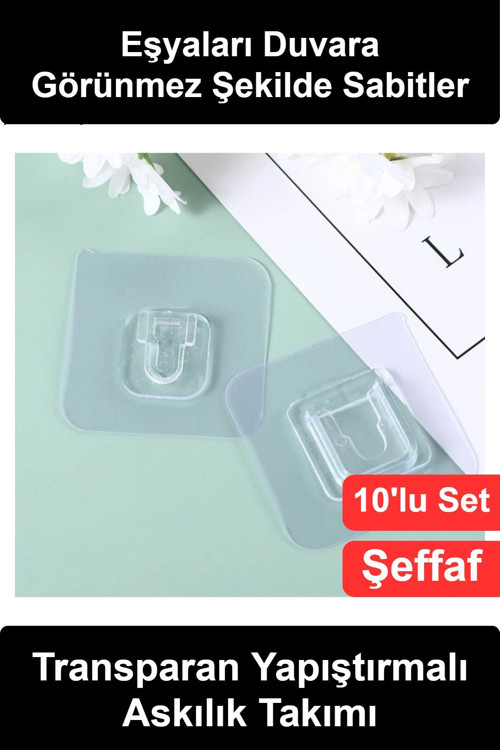 Geçmeli Klips Eşya Sabitleme Askısı 10'lu Set Şeffaf Yapışkanlı Duvar Aparatı Çoklu Priz Grubu Resim