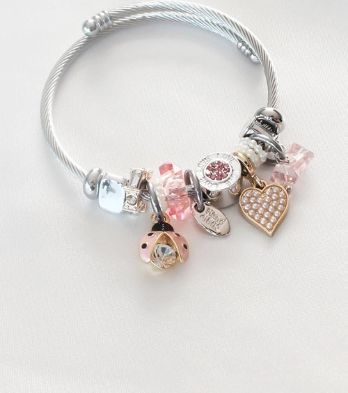Çelik Charm Bileklik Pembe Uğur Böceği Ve Kalp Detaylı