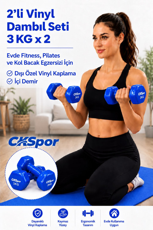 2’li Vinyl Dambıl Seti 3 Kg x 2 – Evde Fitness & Pilates İçin Vinil Kaplı Demir Dambıl