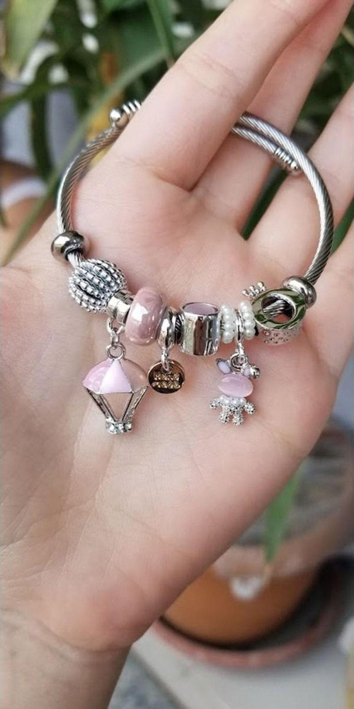 Tavşan Ve Şemsiye Balon Temalı Charmlı Ayarlanabilir Çelik Bileklik
