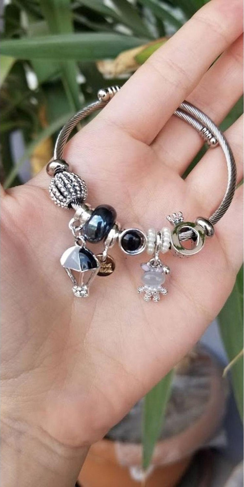 Tavşan Ve Şemsiye Balon Temalı Charmlı Ayarlanabilir Çelik Bileklik