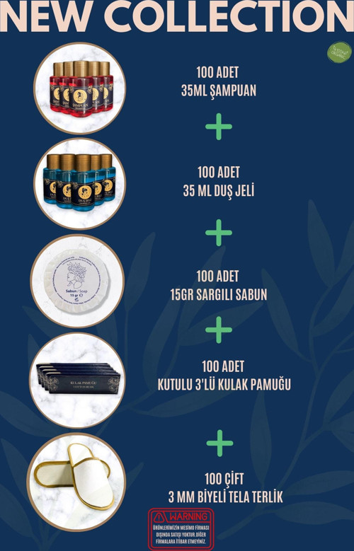 Otel Şampuanı + Duş Jeli + Sabunu + 3'lü Kulak Pamuğu + Terlik 100'lü Set Etiketli