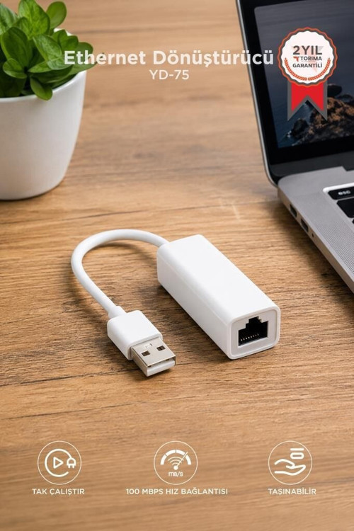 Ethernet Dönüştürücü USB 2.0 Çevirici Adaptörü YD75 Beyaz Notebook Yukleme Taşıma