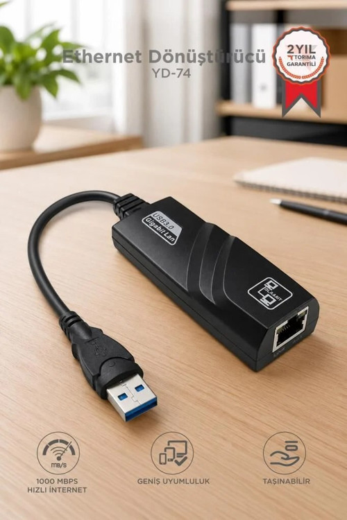 Premium Kablo Çalışma Fonksiyonel Ethernet Dönüştürücü USB 3.0 Çevirici Adaptörü YD74 Siyah