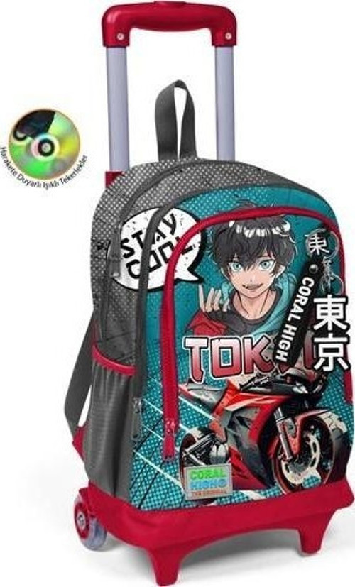 Kids Gri Nefti Anime Motorsiklet Desenli Üç Bölmeli Çekçekli Okul Sırt Çantası 23964