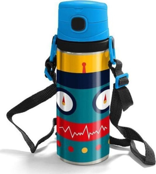 Kids Mavi Siyah Robot Desenli Pipetli Çelik Matara 600 ml 11954