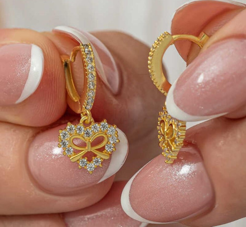 Gümüş Gold Kalp Kurdele Sallantılı Kadın Küpe