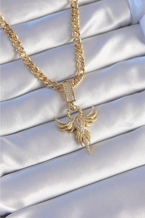 316L Çelik Gold Renk Zirkon Taşlı Anka Kuşu Model Kolye - TJ-BKO8895