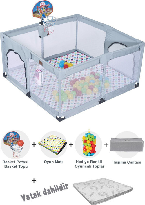 Playard Basket Potalı Güvenli Bebek Ve Çocuk Oyun Alanı Oyun Parkı 125x125 Oyun Matı/ Toplar YATAKLI Açık Gri