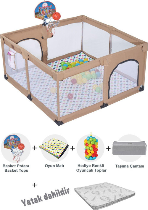 Playard Basket Potalı Güvenli Bebek Ve Çocuk Oyun Alanı Oyun Parkı 125x125 Oyun Matı/ Toplar YATAKLI Bej
