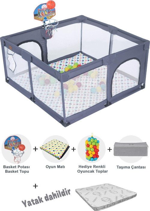 Playard Basket Potalı Güvenli Bebek Ve Çocuk Oyun Alanı Oyun Parkı 125x125 Oyun Matı/ Toplar YATAKLI Gri