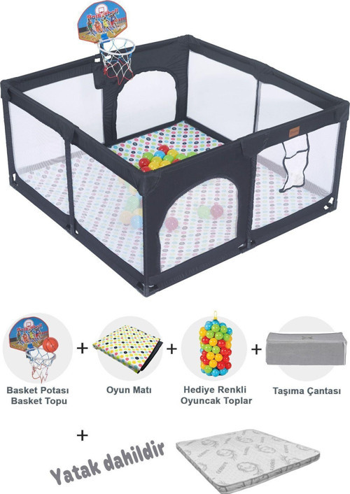 Playard Basket Potalı Güvenli Bebek Ve Çocuk Oyun Alanı Oyun Parkı 125x125 Oyun Matı/ Toplar YATAKLI Siyah