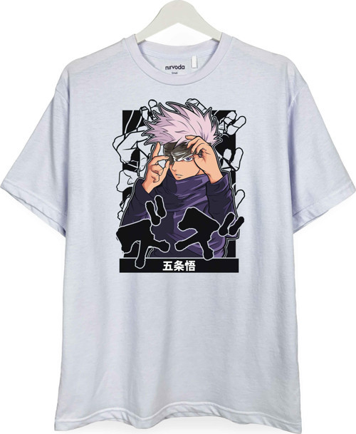 Karanlık Satoru Gojo Jujutsu Kaisen Baskılı Loose Fit Bisiklet Yaka Unisex Tişört