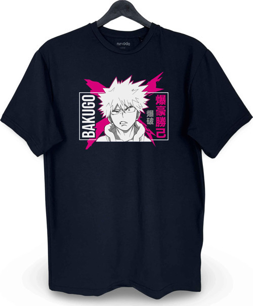 Bakugo Pembe Baskılı Unisex Bol Kalıp Bisiklet Yaka Tişört Siyah