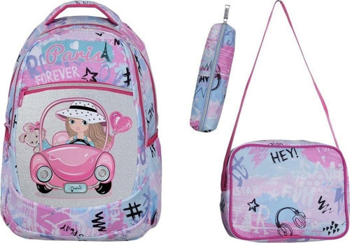 3'lü Okul Seti, Mavi Renkli Girl Desenli Ilkokul Çantası + Beslenme Çantası + Kalemlik