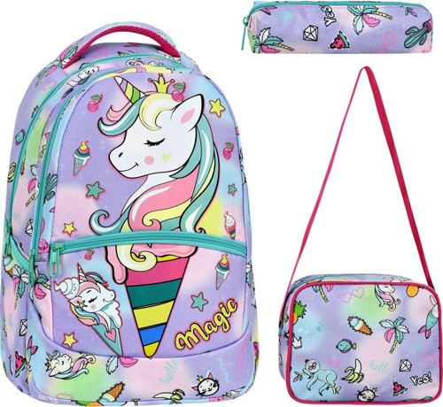 3'lü Okul Seti, Unicorn Desenli Ilkokul Çantası + Beslenme Çantası + Kalemlik
