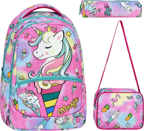 3'lü Okul Seti, Unicorn Desenli Ilkokul Çantası + Beslenme Çantası + Kalemlik