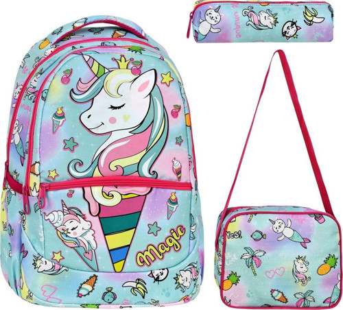 3'lü Okul Seti, Unicorn Desenli Ilkokul Çantası + Beslenme Çantası + Kalemlik
