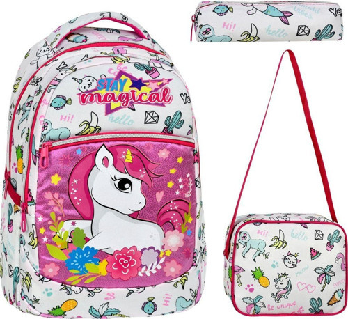 3'lü Okul Seti, Unicorn Desenli Ilkokul Çantası Beslenme Çantası Kalemlik