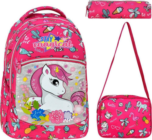 3'lü Okul Seti, Unicorn Desenli Ilkokul Çantası Beslenme Çantası Kalemlik