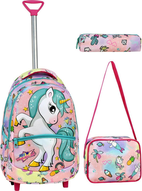 Çekçekli 3'lü Okul Seti, Unicorn Desenli İlkokul Çantası + Beslenme Çantası + Kalemlik